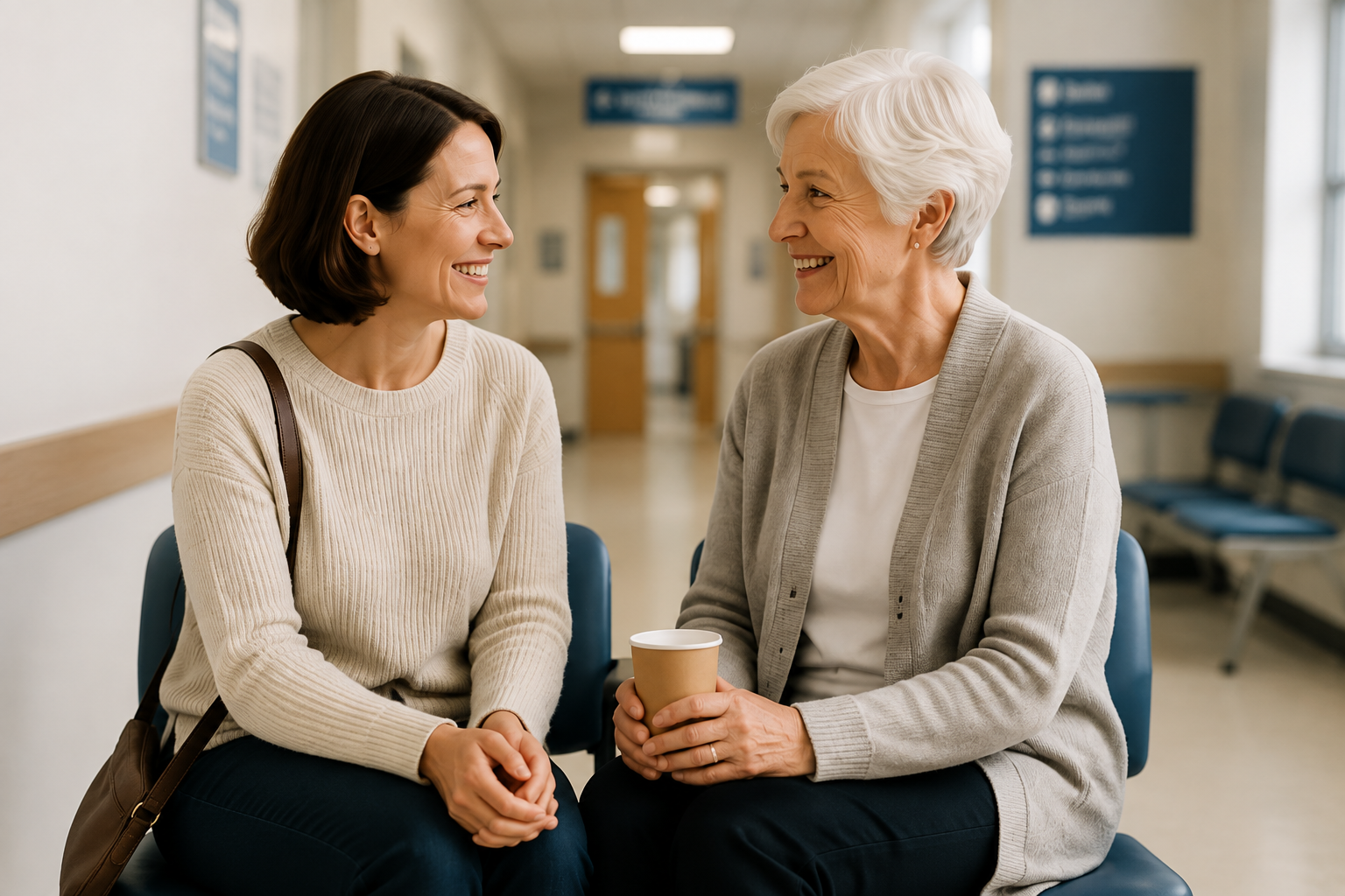 A Hospital Companion talking with an older woman in a hospital waiting area